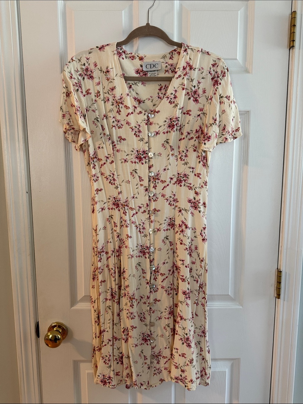 Vintage CDC Cream Midi Dress with Pink Floral Print and Shell Buttons 100% Rayon